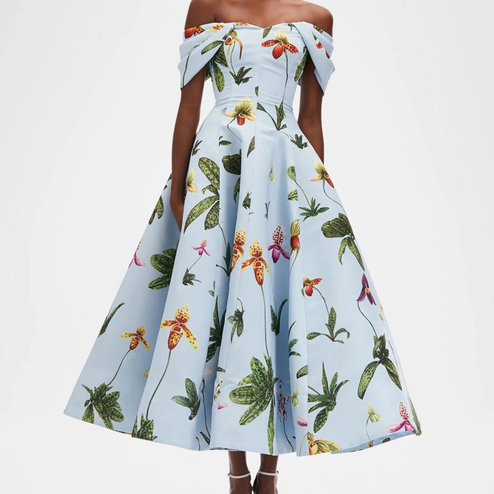 Oscar de la Renta Off-The-Shoulder Orchids Faille Gown